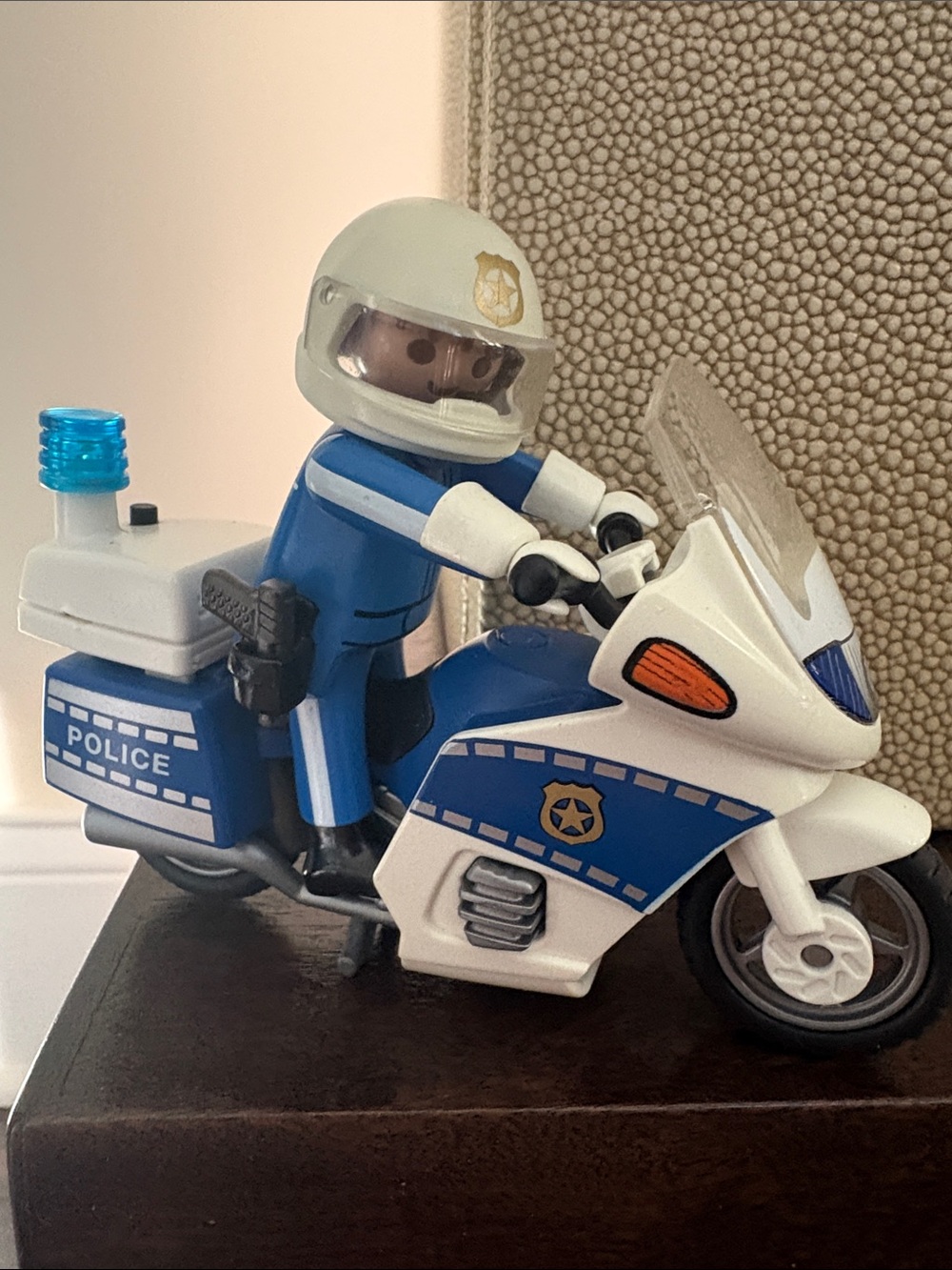 Playmobil Blue and White Police Motorcycle Toy with Helmeted Officer